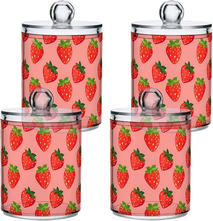 ALAZA 2pcs Cute Fruit Strawberry Qtip Holder Dispenser 14 oz Bathroom Storage Clear Apothecary Jars Containers Cotton Ball,Cotton Rounds,Floss Picks, Hair Clips, Food