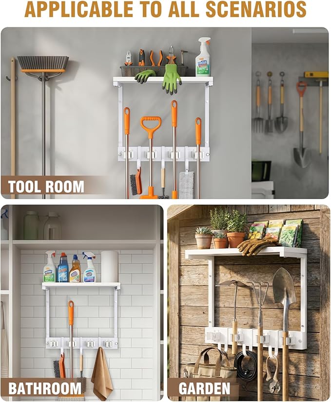 Supforce Small Broom Holder Wall Mount with Cleaning Supplies Organizer, White