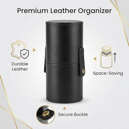 UPSTORE Portable Makeup Brush Case Black PU Leather Cosmetic Makeup Brush Holder Organizer for Short Brushes Cylindrical Design with Snap Closure 9 x 3.1 inch