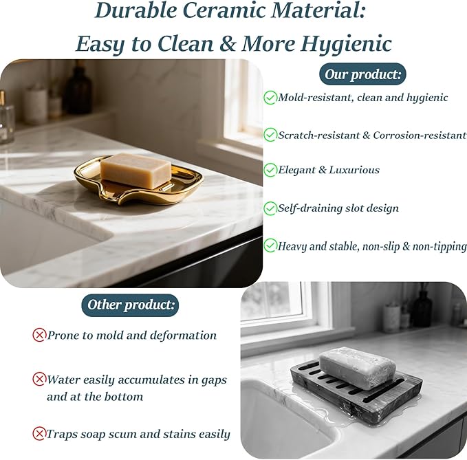 Gold-Plated Ceramic Soap Dish, Self-Draining Bar Soap Holder with U-Shaped Drainage, Decorative Soap Tray for Bathroom Shower & Kitchen Sink