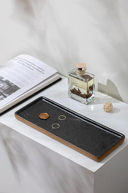 Vanity Tray with Brown Trim, Candle Tray, Bathroom Countertop Perfume Holder Organizer, Decorative for Dresser, Table, Countertop, Home décor, Rectangular, Black, 12''×4.7''