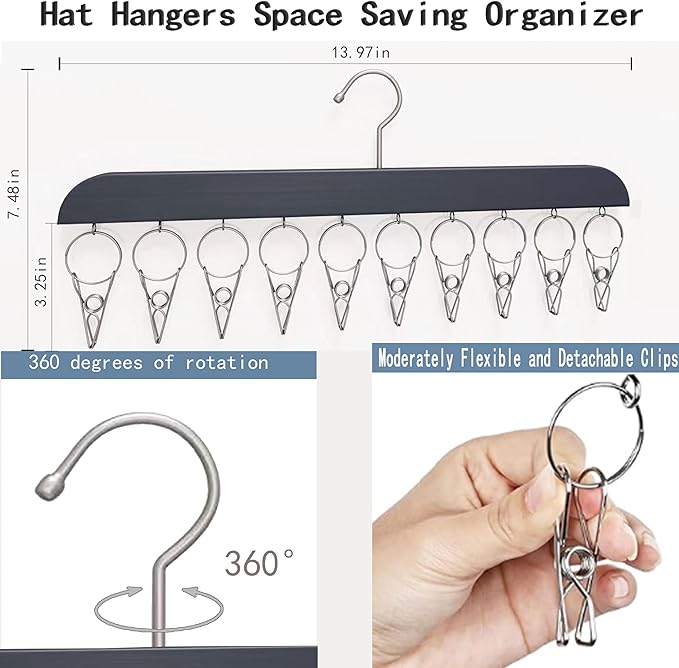 2 Pack Hat Hangers for Closet,Wooden Hat Rack with 10 Metal Clips for Saving Space, Hat Organizer for Baseball Caps,Skullies,Beanies,Visors(Black)