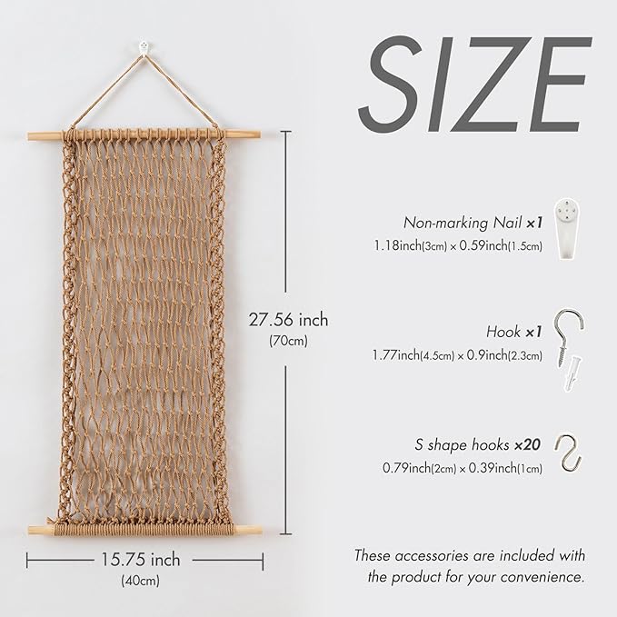 Pretty Jolly Hanging Jewelry Mesh Organizer Macrame Wall Mounted Necklaces Storage Earring Display Rack Girls Hair Clips Hanger with 20 Pieces S Shape Hooks for Bracelets,Necklace and Rings(Twine)