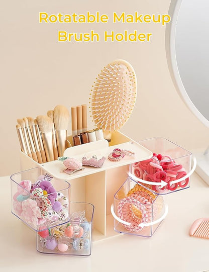 UFORU Hair Accessories Organizer with Hair Brush Holder, 4 Drawer Rotatable Hair Tie Organizer for Makeup Brushes, Hair Clips, Earrings, Necklaces, Bracelets and Hair Accessories, White, 2-Layer