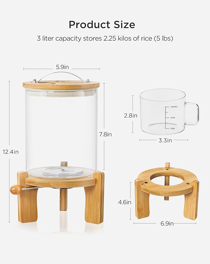 HBlife 5-7 Lbs Glass Rice Dispenser with Wooden Stand Flour and Cereal Container with Glass Measuring Cup Pantry Food Organization Storage Bin with Airtight Bamboo Lid, 3L
