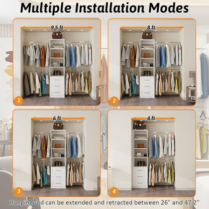 Closet System, 5FT-8FT Closet Organizer System with 3 Wooden Drawers, 99" Walk In Closet Organizer and Storage with 4 Expandable Hanging Rods, Wall Mount, White