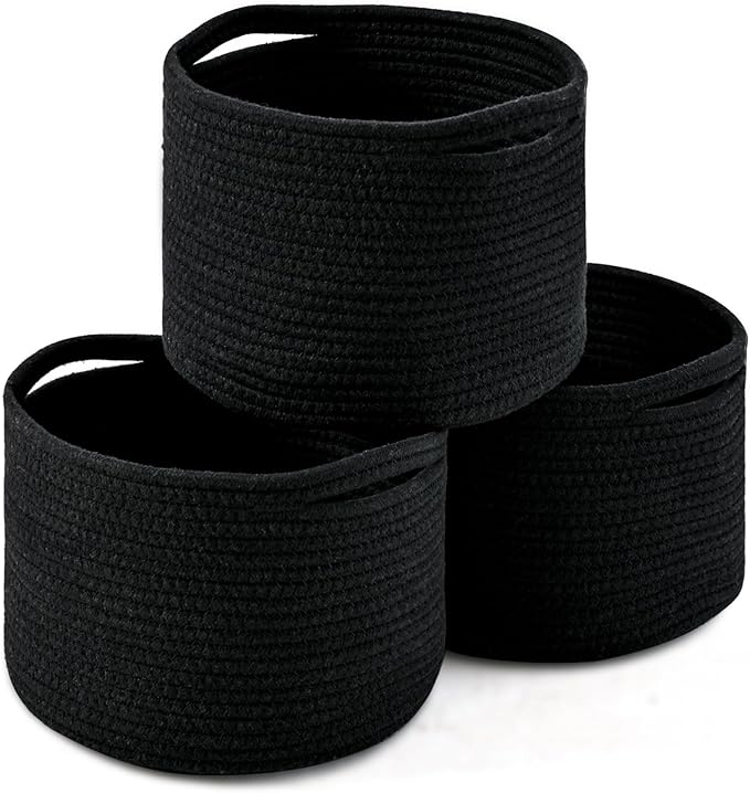 ICERZCZ Small Black Baskets for Organizing, Storage Baskets for Shelves, Small Woven Basket for Storage, Cute Basket for Gifts, Mini Cotton Rope Baskets, 9.7"×9.7"×7" (3 Packs) Black