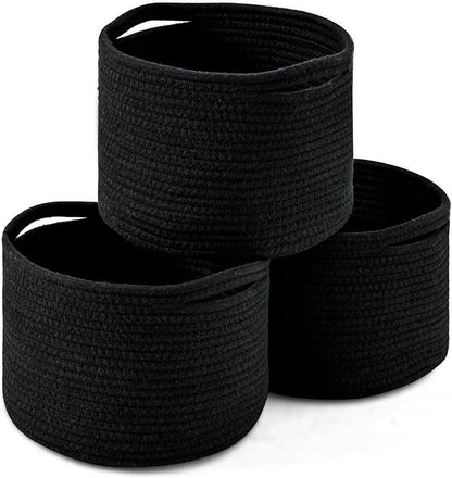 ICERZCZ Small Black Baskets for Organizing, Storage Baskets for Shelves, Small Woven Basket for Storage, Cute Basket for Gifts, Mini Cotton Rope Baskets, 9.7"×9.7"×7" (3 Packs) Black