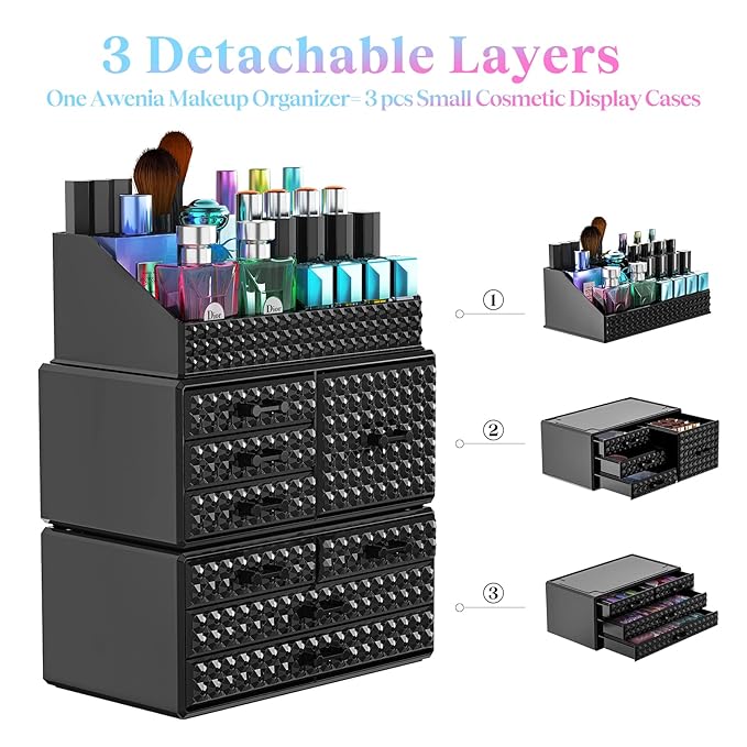 3 Pack Makeup Organizer Stackable[Upgraded], Acrylic Cosmetics Storage Cases with 8 Drawers Perfume Organizers For Brush Holder or Jewelry Display,Plus Size,Best For Vanity,Bathroom or Countertop