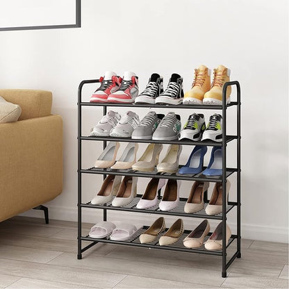 Simple Trending 5-Tier Stackable Shoe Rack, Expandable & Adjustable Shoe Organizer Storage Shelf, Wire Grid, Black
