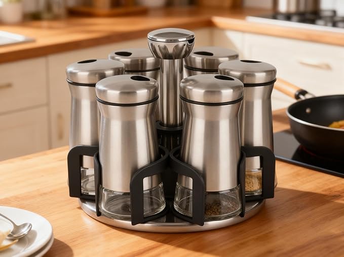 360° Rotating Spice Rack，Spice Rack Organizer for Cabinet - Includes 6pcs Glass Spice Jars and Labels,Spice Storage, Cooking, Outdoor BBQ,(Spices Not Included) (Modern)