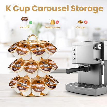 Coffee Pod Holder, K Cup Holders Carousel Organizer ,27 Coffee Pods Storage Compatible with K Cups, Spins 360-Degrees, Modern Gold Design ，Round,Shining Gold,3 Tier Home or Office Kitchen Counter Organizer