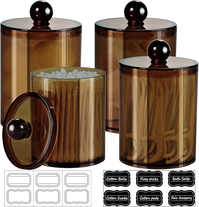 SheeChung 4-Pack Amber Acrylic Apothecary Jars - (2) 15oz & (2) 12oz Qtip Holder Set - Shatterproof Bathroom Vanity Organizer for Cotton Swabs,Balls,Pads - Modern Farmhouse Decor