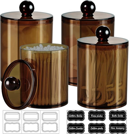 SheeChung 4-Pack Amber Acrylic Apothecary Jars - (2) 15oz & (2) 12oz Qtip Holder Set - Shatterproof Bathroom Vanity Organizer for Cotton Swabs,Balls,Pads - Modern Farmhouse Decor