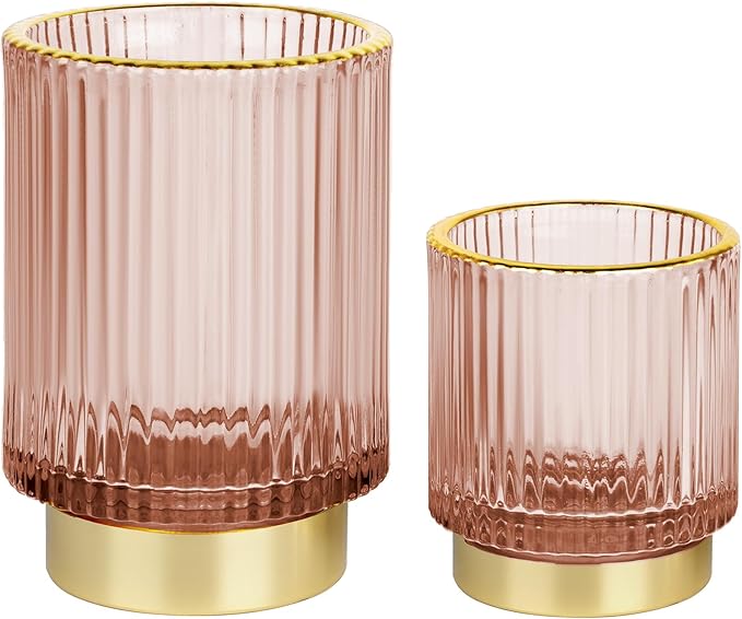 Makeup Brush holder Organizer, Crystal Glass Toothbrush Holders, Striped Make Up Brush Holder for Vanity, Pen Holder for Desk, Vase -Pink (S+L)