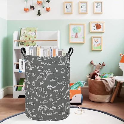 Round Cute Dinosaur Laundry Basket,Collapsible Laundry Hamper for Nursery,Toy Storage Bin for Kids Boys,Waterproof Storage Basket for Home,Bedroom, Playroom,New Parent Gift(Gray Line Dinosaur)