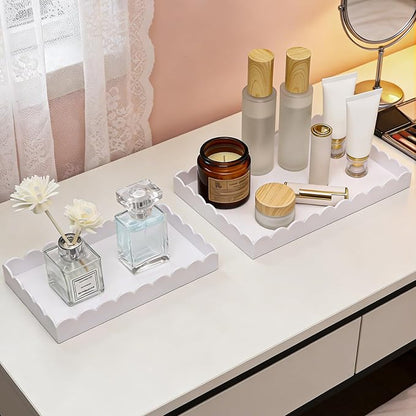 2 Pack Acrylic Bathroom Vanity Tray 7.9" and 9.6", Soap Dispenser Decorative Scalloped Tray for Bathroom Kitchen Living Room Decor Vanity Perfume, White