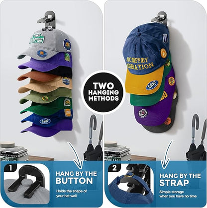 2 Pack Hat Organizer for Baseball Caps, Hat Rack for Wall Hold Up to 20 Hats, Hat Holder with Strong Adhesive and Screws, Hat Organizer Wall Mounted Hat Hanger Display for Door Closet Bedroom(B-Black)