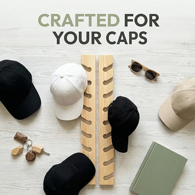 2 Pack Solid Pine Wood Hat Rack for Wall - Heavy Duty Wall Mounted Organizer Holds 20 Baseball Caps, Secure Screw Installation, 10-Slot Vertical Display for Closet, Bedroom, Entryway & Laundry Room