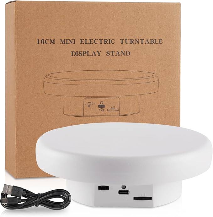 360° Electric Rotating Platform with Type-C Cable, 6.3in / 15lb Motorized Rotating Display for Jewelry Photography Products Live Show Video shoot, Mushroom Rotating Stand for 3D Model Cake White