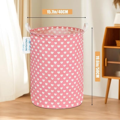 Laundry Basket Canvas Fabric Collapsible Organizer Basket for Storage Bin Toy Bins Gift Baskets Bedroom Clothes Children Nursery Hamper (pink heart)