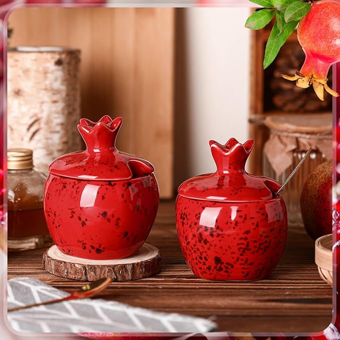 Honeydak 2 Pcs Rosh Hashanah Pomegranate Salt Bowl Set with Lid and Spoon Jewish New Year Pomegranate Salt Pepper Seasoning Jar 3.9 Inch for Jewish Kitchen Party Table Wedding Collectable Gift