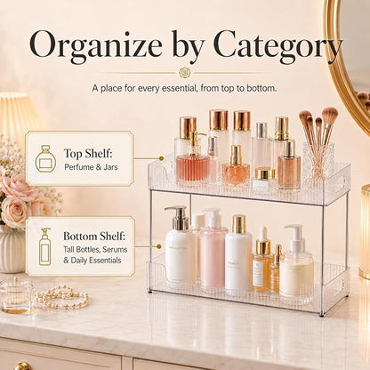 Goderewild 2-Tier Bathroom Counter Organizer, Multi-Purpose Cosmetics Skincare Shelf, Fits A4 Size Makeup Organizer for Office and Vanity Tray, Countertop Storage Solution for Kitchen,Bath.(Clear)