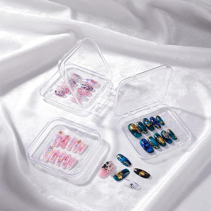 12 Pcs Press on Nail Storage Box with 60 Pcs Double Sided Adhesive Tapes, Nail Packaging Boxes Fake Nail Display Case Crystal Clear Nail Storage Box with Gift Box for Nail Art Business Nail Salon