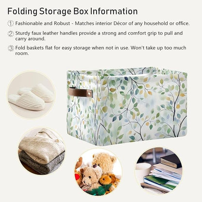 Green Leaves Branches Storage Basket Decorative Fabric Basket Bins Foldable Shelf Closet Basket Storage Box Cube With Handle Organizer Basket For Kids Toys Clothes Bedroom Nursery