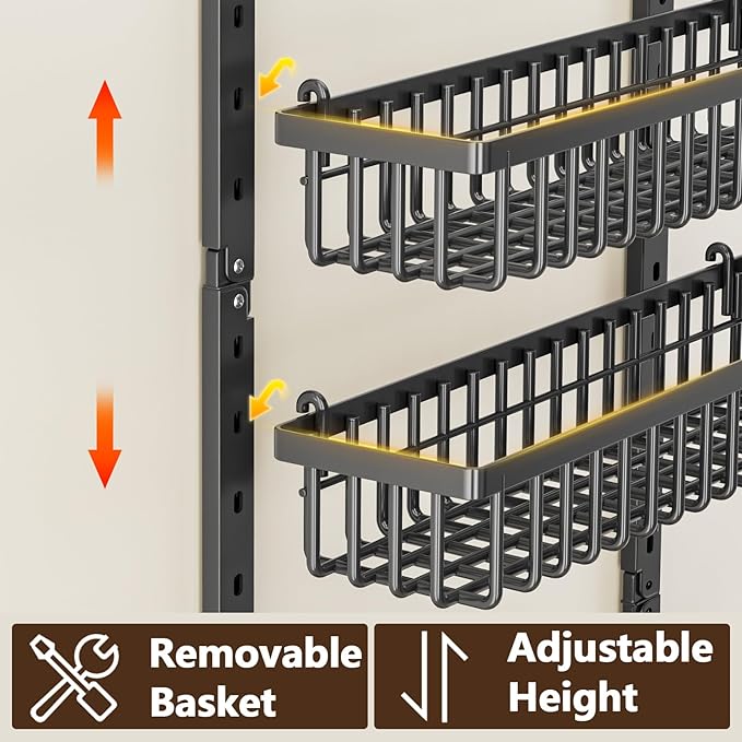 POKIPO 9 Tier Over The Door Pantry Organizer, 2 in 1 Wall Mount or Hanging Spice Rack with Adjustable Deep Basket, Heavy-Duty Seasoning Organizer and Storage for Kitchen Cabinet Closet Bathroom