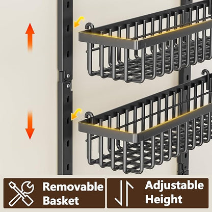POKIPO 9 Tier Over The Door Pantry Organizer, 2 in 1 Wall Mount or Hanging Spice Rack with Adjustable Deep Basket, Heavy-Duty Seasoning Organizer and Storage for Kitchen Cabinet Closet Bathroom
