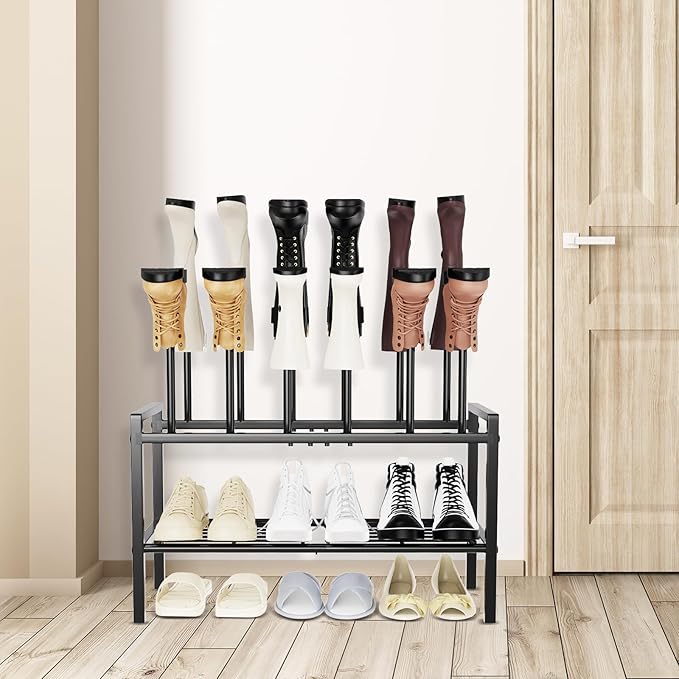 Freestanding Shoe Racks - 3 Tier Metal Boot Rack with 12 Long Posts Holds 6 Pairs Tall Boots, Shoe Storage Organizer for Entryway Closet Bedroom Hallway Indoor Outdoor