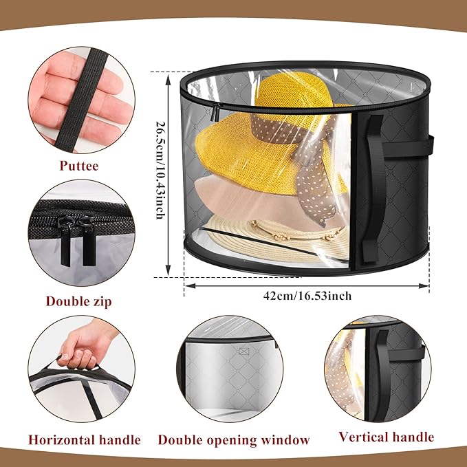 Oversized Clear Hat Storage Bag for Women, Closet Hat Boxes Organizer Bag with Dustproof Lids, Holds up to 7 Caps Cowboy Hat Organizer for Closet, Hat Carrier Case for Travel (Black)