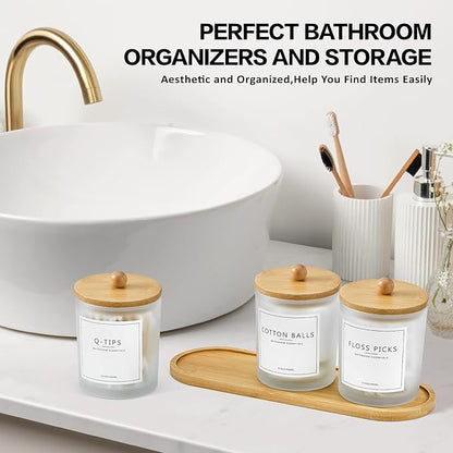 3 Pack Qtip Holder Bathroom Set with Tray,13.5oz Cotton Round Ball Pad Holder Cotton Swab Floss Pick Dispenser,Glass Apothecary Jars Canisters with Lids,Bathroom Organizers and Storage Container