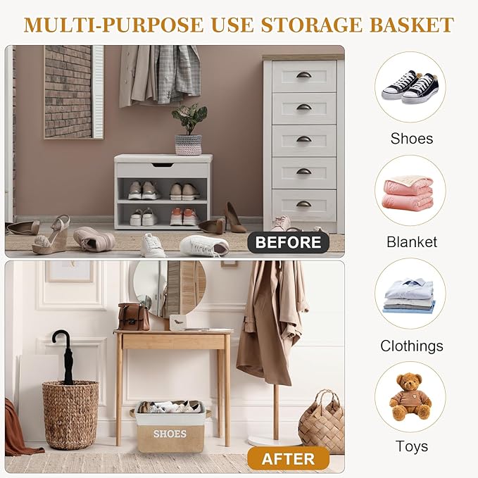 Lukeline Fabric Shoe Basket for Entryway, Hallway or Mudroom - Flodable Space-Saving Storage Bin for Closet, Decorative Home Decor (Beige)