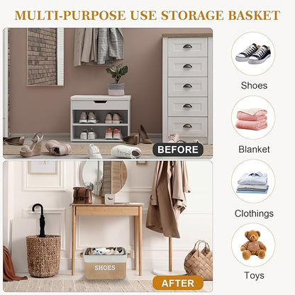 Lukeline Fabric Shoe Basket for Entryway, Hallway or Mudroom - Flodable Space-Saving Storage Bin for Closet, Decorative Home Decor (Beige)