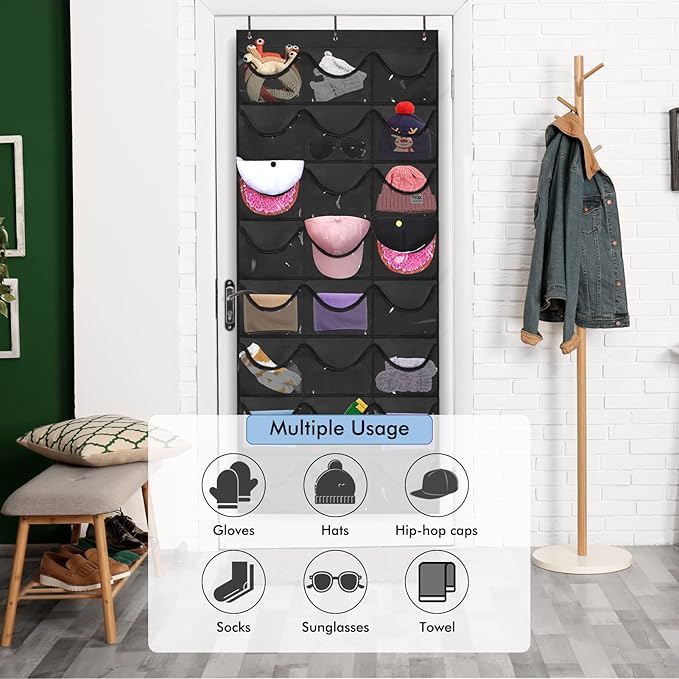 Hat Organizer for Storage of Baseball Caps, 24 Clear Deep Pockets, Rack for Wall/Door with Hooks(Black)