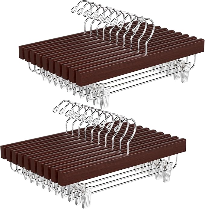 BAGAIL 20 Pack Wooden Pants Hangers with Adjustable Clips, 360°Swivel Hook Space Saving Skirt Holders with Anti-Rust Clips for Trousers, Jeans, Shorts(Walnut)