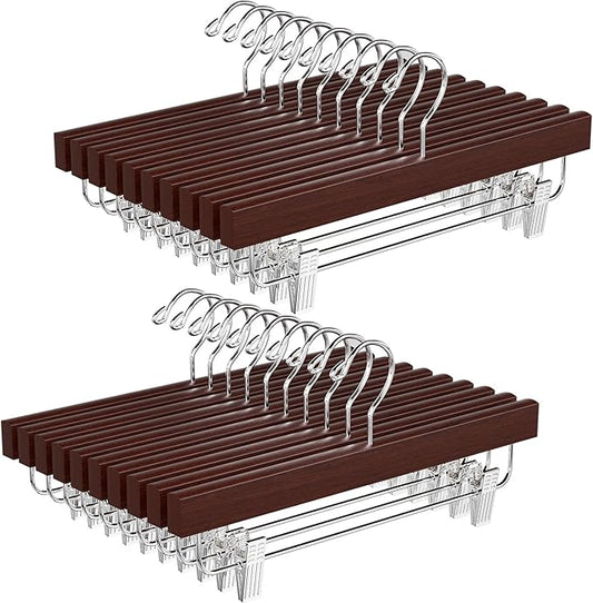 BAGAIL 20 Pack Wooden Pants Hangers with Adjustable Clips, 360°Swivel Hook Space Saving Skirt Holders with Anti-Rust Clips for Trousers, Jeans, Shorts(Walnut)