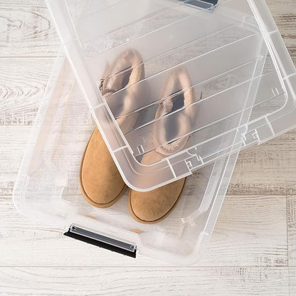 IRIS USA 32 Qt Stackable Plastic Storage Bins with Lids, 4 Pack - BPA-Free, Made in USA - See-Through Organizing Solution, Latches, Durable Nestable Containers, Secure Pull Handle - Clear
