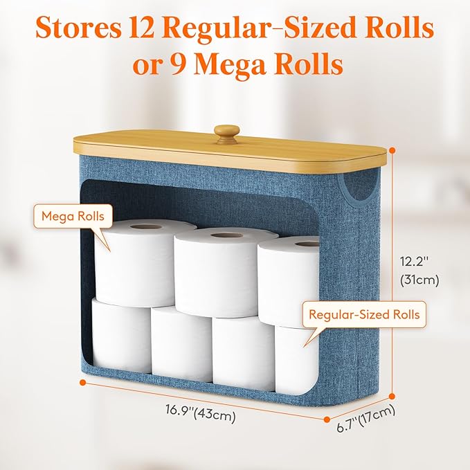 Lifewit Toilet Paper Storage Holder for 9 to 12 Rolls, Free Standing Toilet Paper Basket Stand with Bamboo Lid, Collapsible Fabric Bathroom Organizer Box for Mega Rolls, 23L, Large, Dark Blue