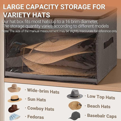 FAYYGYH Cowboy Hat Box 2Pcs Square Caps Case Bin with Handles Carry Collapsible Stackable for Travel Closet Organizers and Storage (Grey)