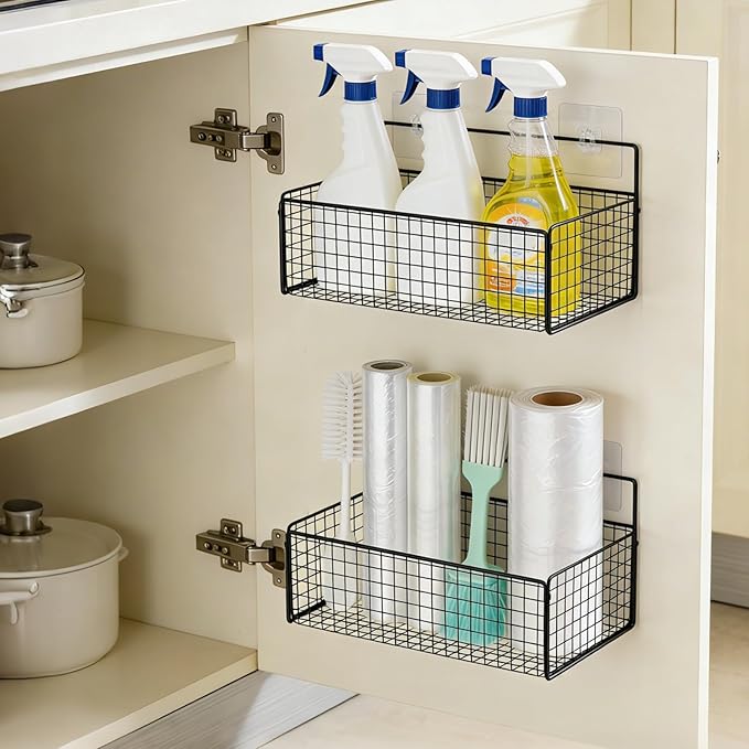 3 Pack Self Adhesive Cabinet Door Organizer - Metal Inside Cabinet Lid Storage Holder Wall Mounted Pantry Door Caddy for Kitchen Bathroom Pantry Under Sink