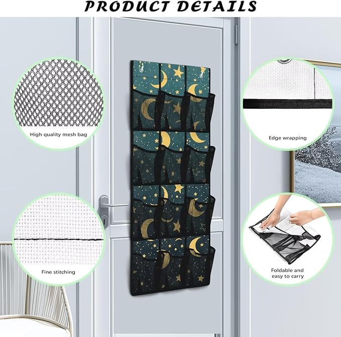 Extra Large 12-Pocket Storage Hanging Bag for Behind The Door, Heavy Duty Oxford Fabric, Waterproof Lightweight and Space-Saving Organizer for Home Use, Moon and Stars