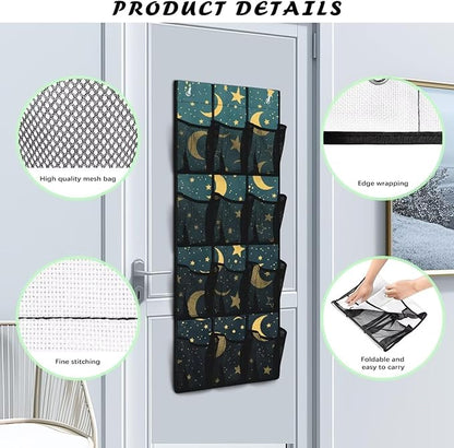 Extra Large 12-Pocket Storage Hanging Bag for Behind The Door, Heavy Duty Oxford Fabric, Waterproof Lightweight and Space-Saving Organizer for Home Use, Moon and Stars