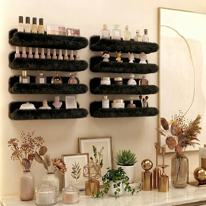 Care&More YJ 15 Inch Nail Polish Shelves, 4-Pack Fuzzy Display Nail Polish Rack for Storing Nail Bottles, Sunglasses, Essential Oils, Plush Soft Black