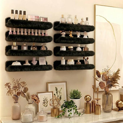 Care&More YJ 15 Inch Nail Polish Shelves, 4-Pack Fuzzy Display Nail Polish Rack for Storing Nail Bottles, Sunglasses, Essential Oils, Plush Soft Black