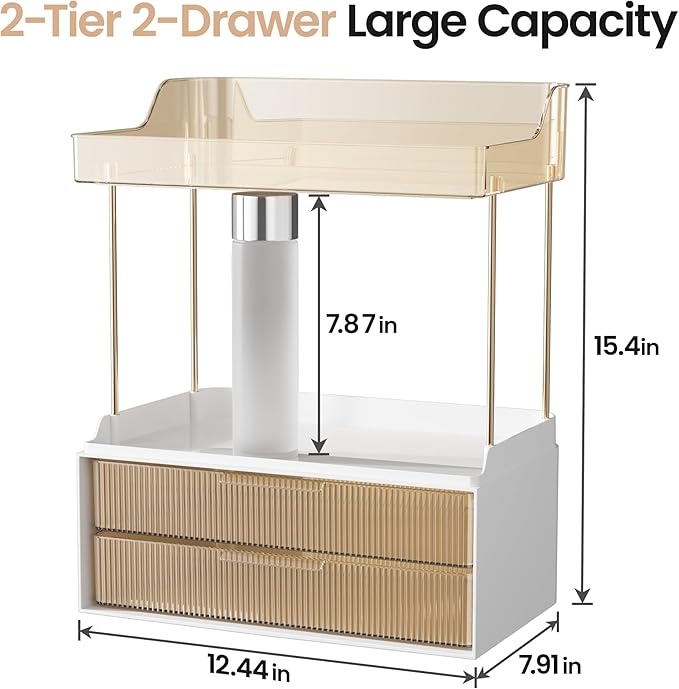 Delamu Bathroom Organizers and Storage, 2 Tier 2 Drawer Makeup Organizer Countertop, Easy to Install, Ideal for Bathroom Counter, Vanity, Ideal for Women Girls, Amber 2Pack