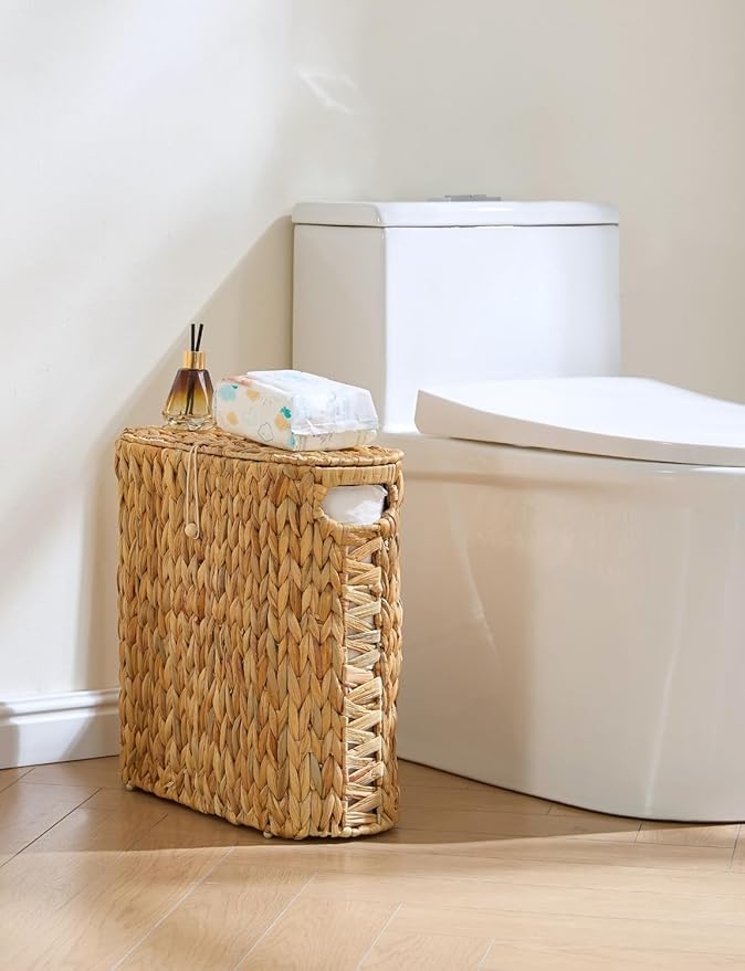 YANGQIHOME Toilet Paper Storage, Water Hyacinth Toilet Paper Storage with Lid, Papers Container for up to 9 Mega Rolls, Bathroom Basket Organizer