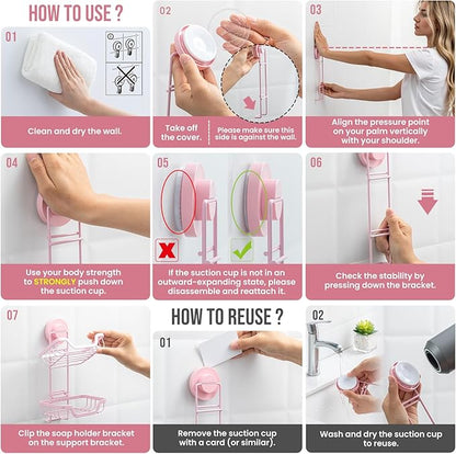 TAILI Double Layer Soap Holder, Bar Soap Dish Suction Cup for Shower Wall, Draining Saver Tray for Bathroom, Rustproof Stainless Steel Sponge Holder for Tub, Kitchen, Drill-Free, Pink